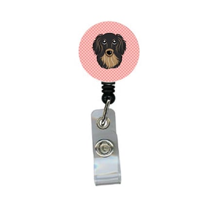 Teacher&Aposs Aid Checkerboard Pink Longhair Black And Tan Dachshund Retractable Badge Reel TE2916540